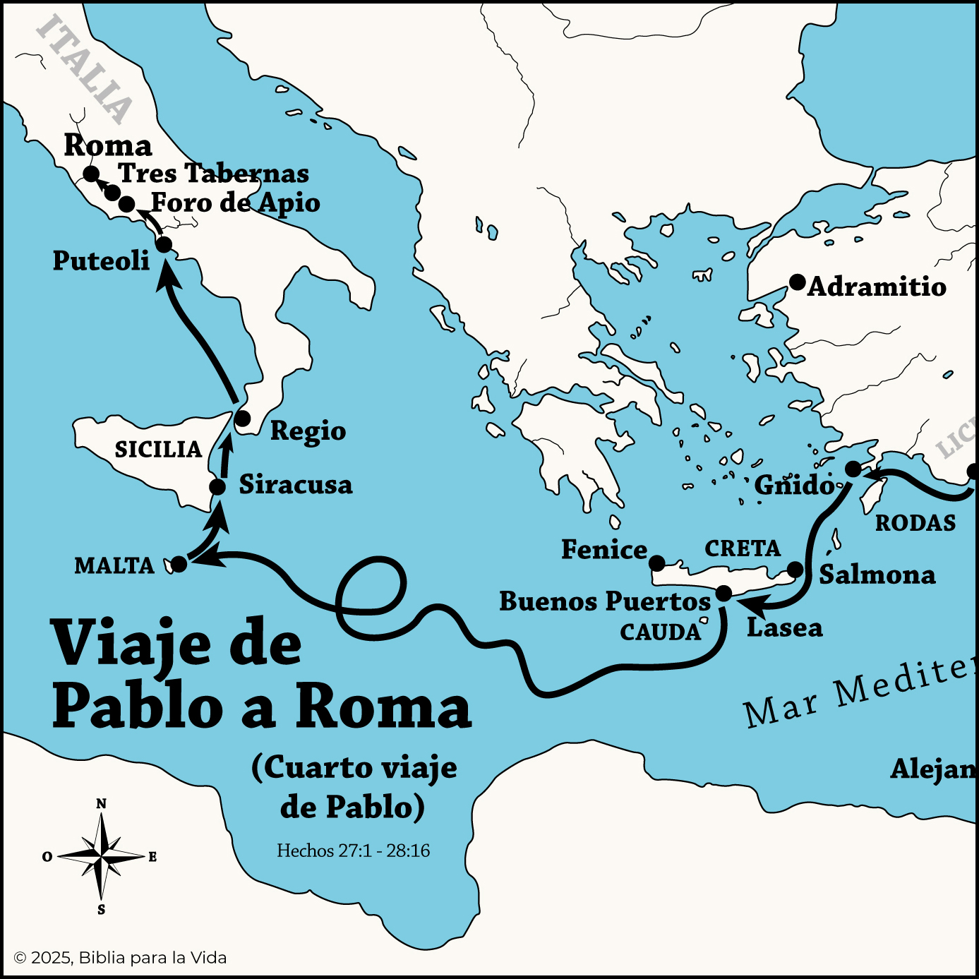 Mapa del Viaje de Pablo a Roma