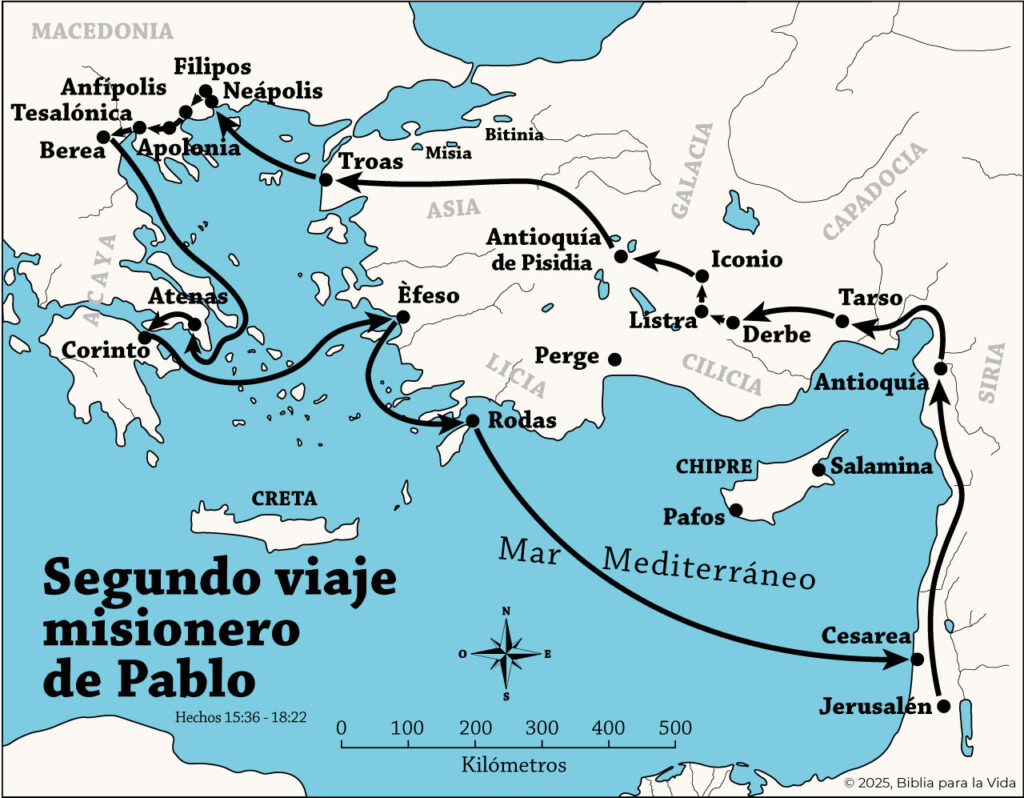 Mapa del segundo viaje misionero de Pablo