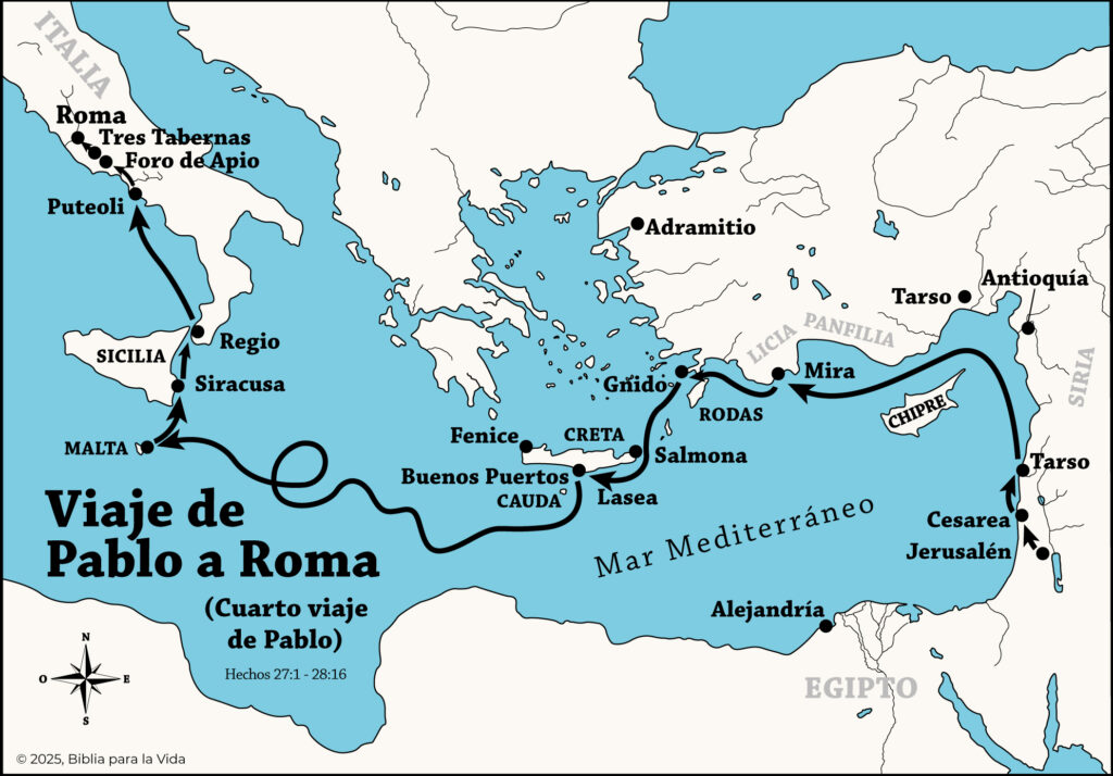Mapa del viaje de Pablo a Roma - Mapa del cuarto viaje de Pablo